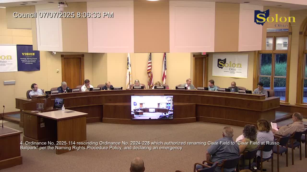 Council rescinds earlier action then approves renaming Caesar Field at Russo Ballpark; members ask review of naming-rights policy