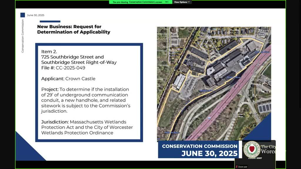 Crown Castle conduit proposed within buffer zones at 725 Southbridge Street; commission issues negative determination with conditions