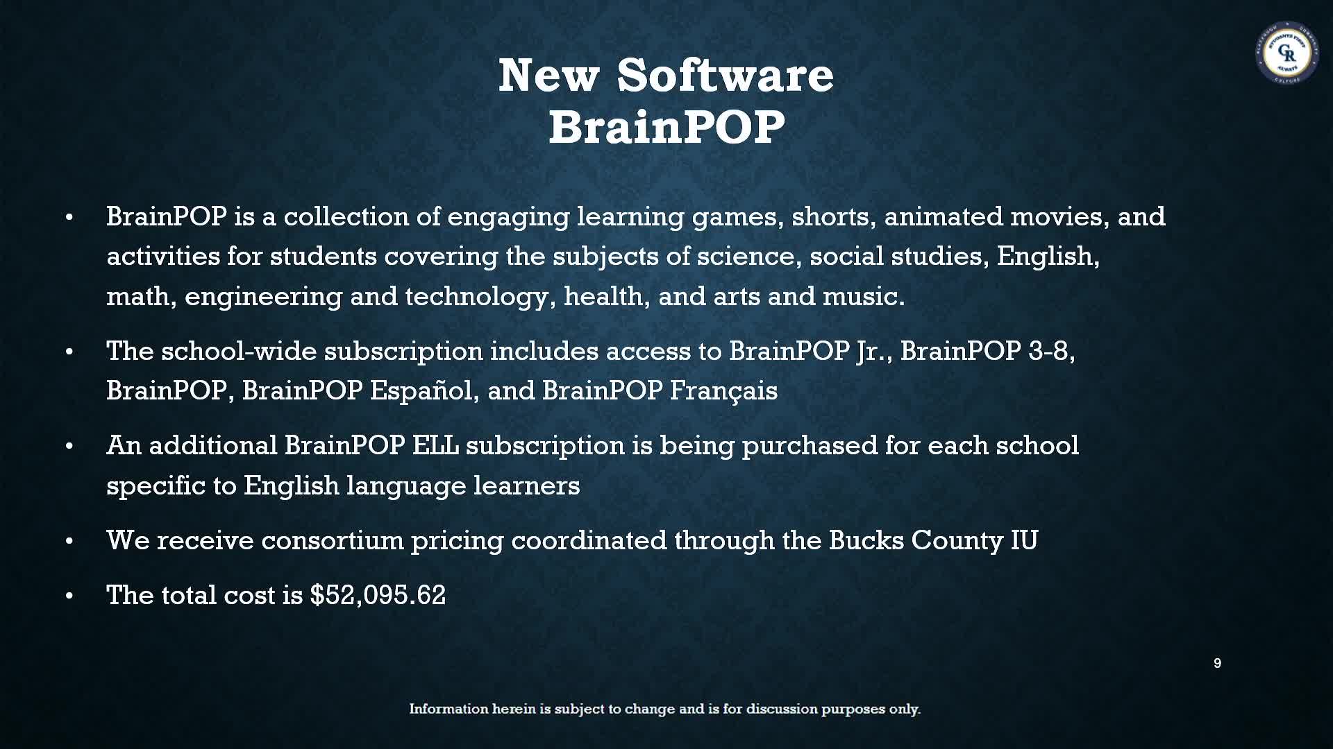 School district invests $52000 in BrainPOP educational software for grades K-8