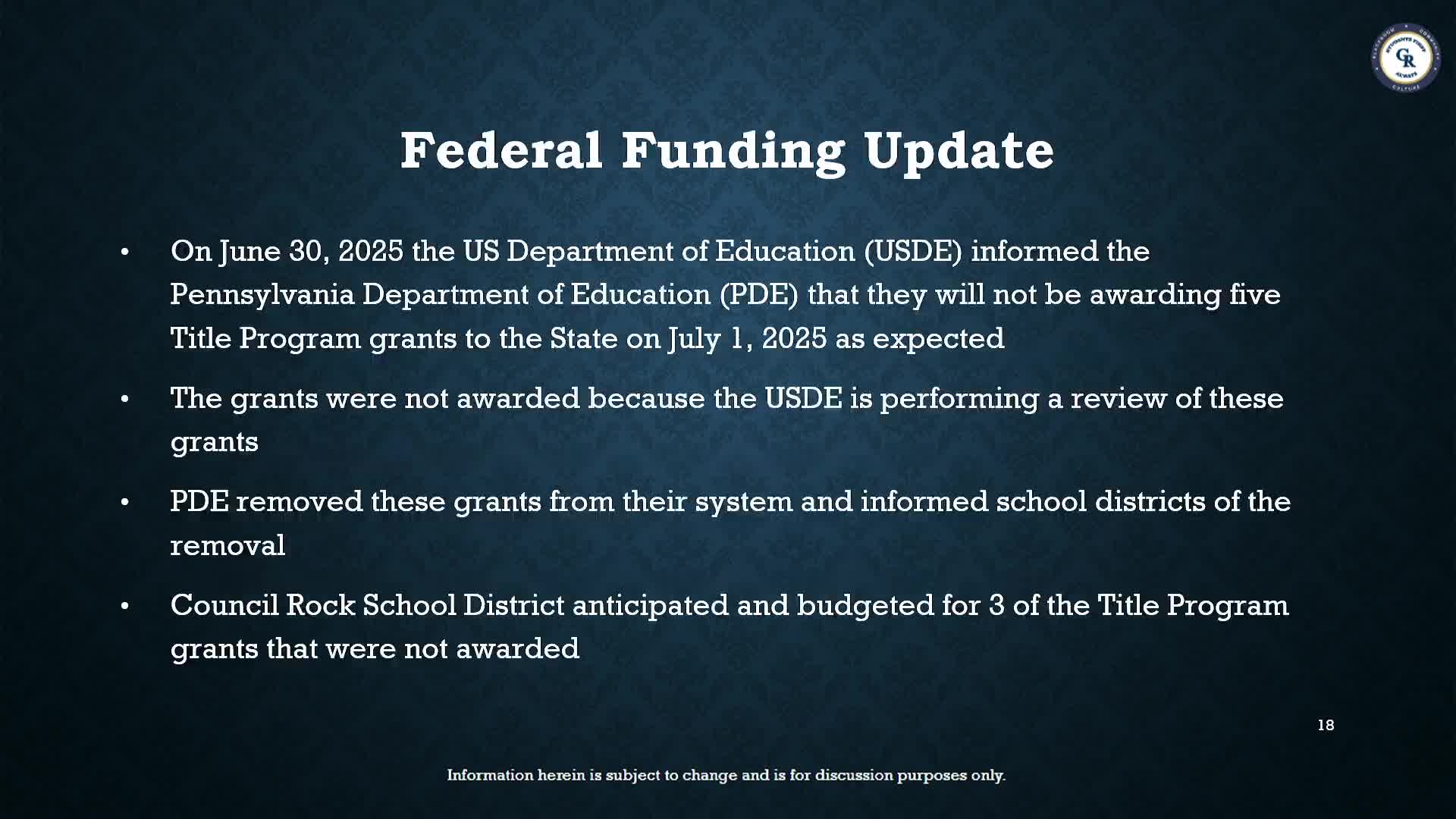 Pennsylvania Department of Education cancels five federal grants impacting local school funding