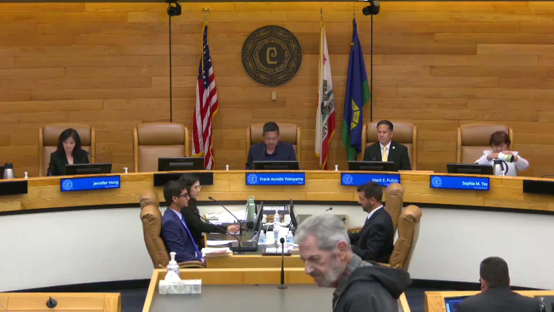City Clerk Cindy Nava leads invocation at council meeting with Boy Scout Troop 72