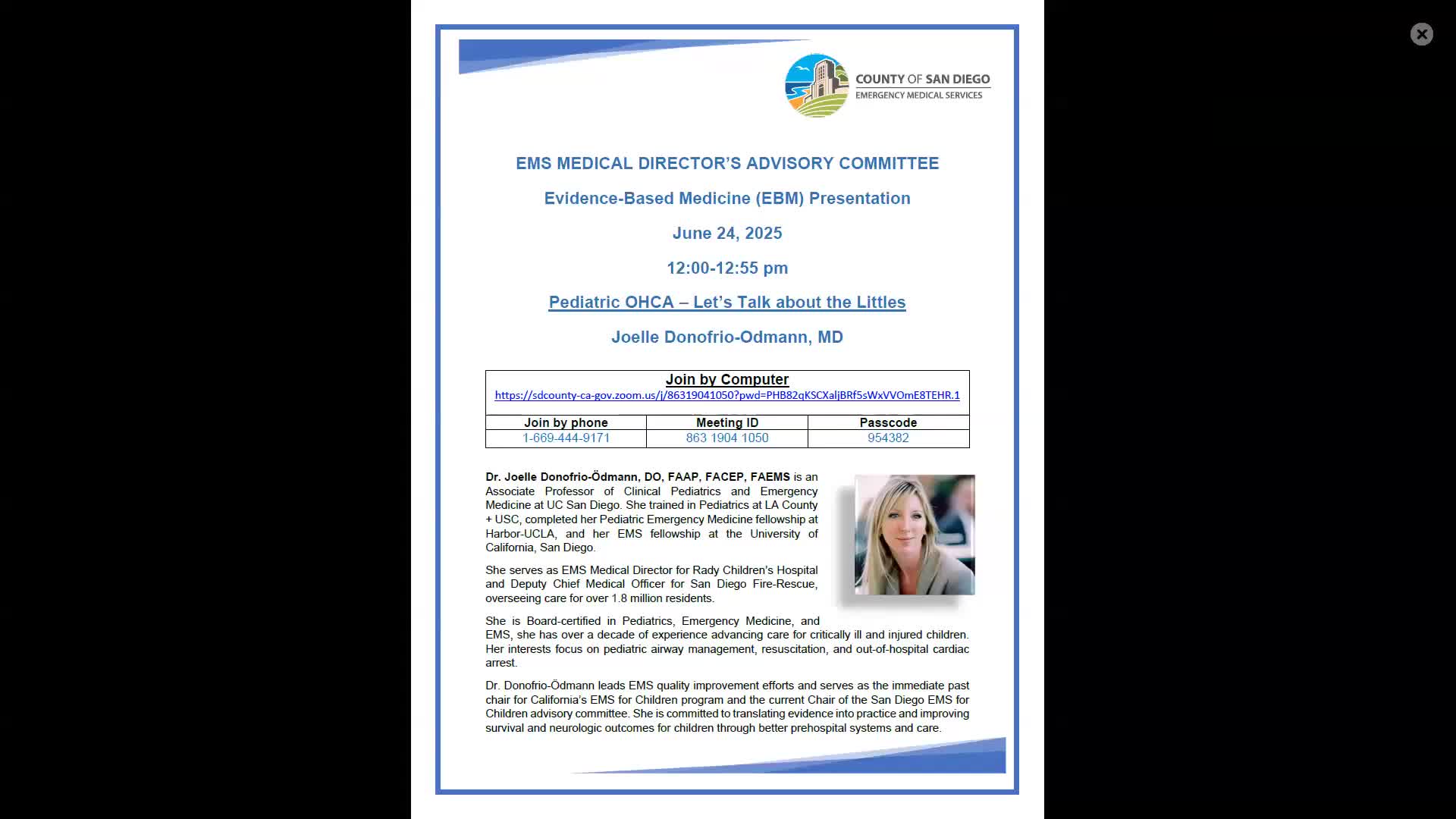 Dr Joelle D'Onofrio discusses pediatric cardiac arrest response at San Diego EMS lecture