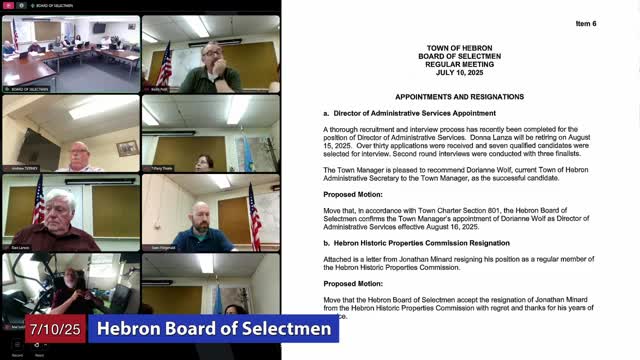 Hebron Board of Selectmen accepts Jonathan Menard's Historic Properties Commission resignation
