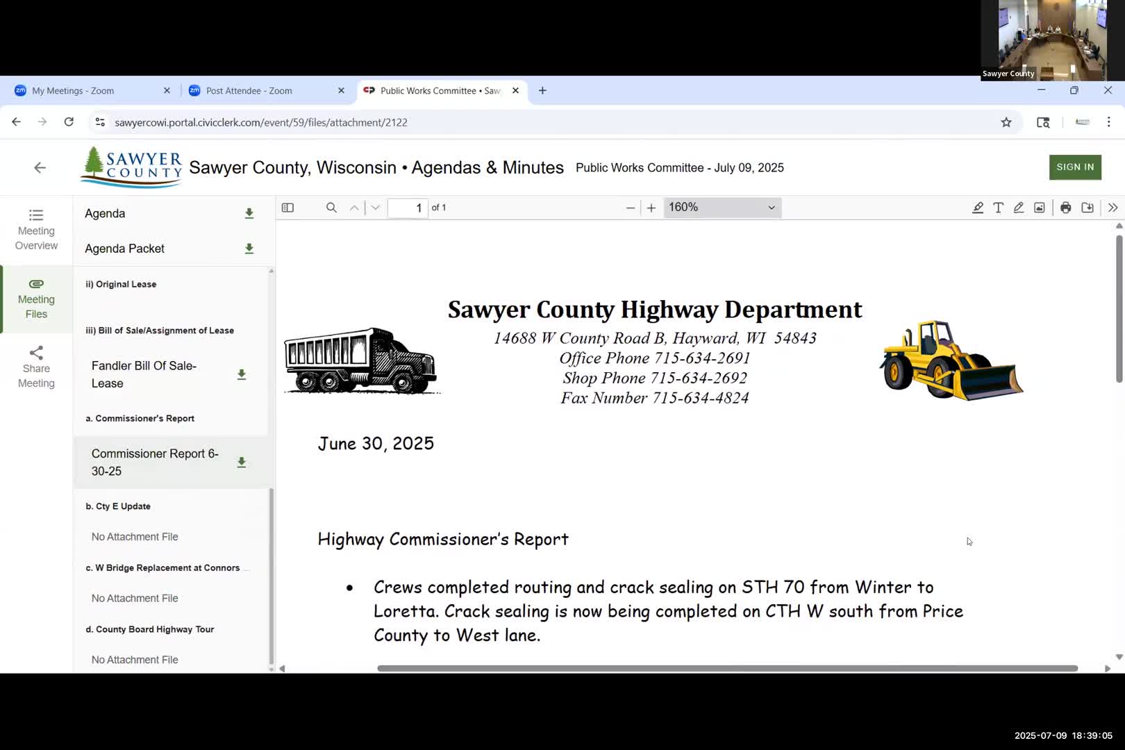 Highway department reports patching, mowing, staff hires and rising material costs; county road tour set for July 15