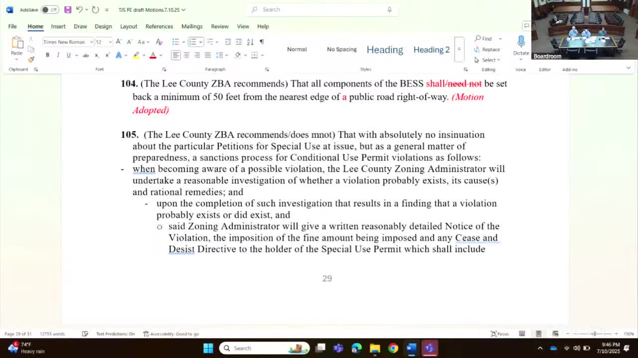 ZBA recommends a sanctions and appeal process for conditional‑use violations to be adopted by county board