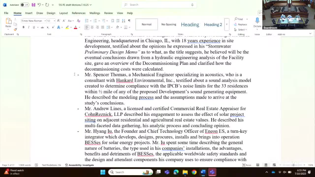 Noise, glare and property‑value studies accepted into record; ZBA finds predicted operational noise under IPCB limits