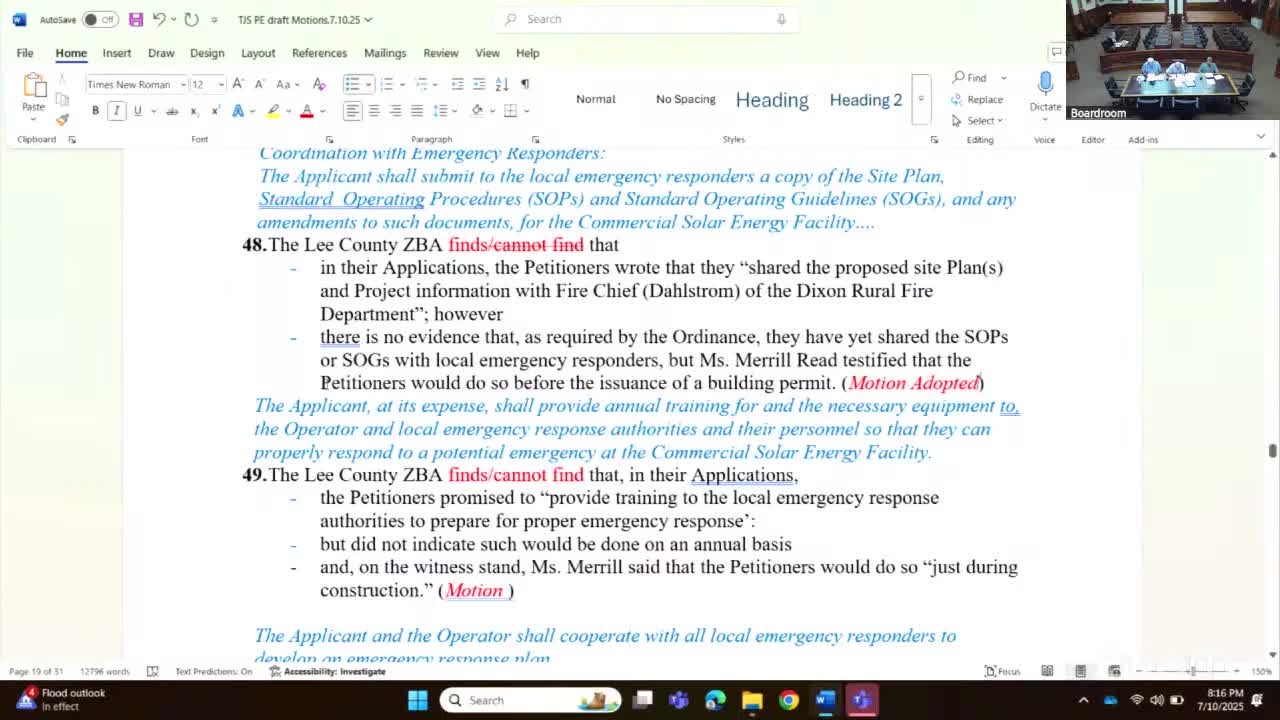 ZBA requires emergency‑response coordination, SOP submission, and training; hazardous‑waste and human‑waste handling rules recorded