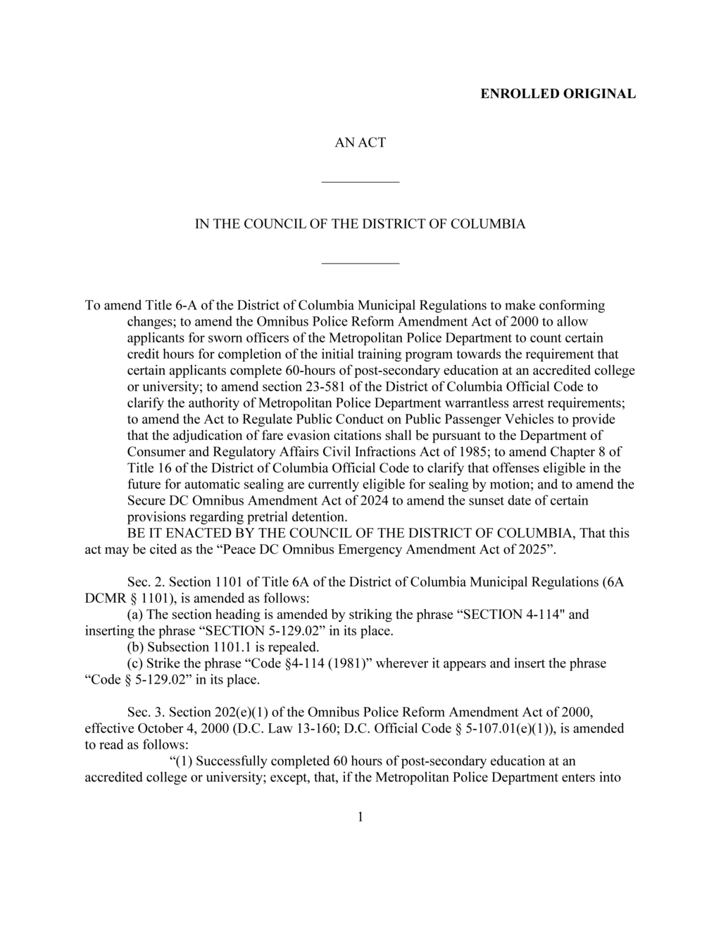 DC Council enacts Peace DC Omnibus Emergency Amendment Act of 2025