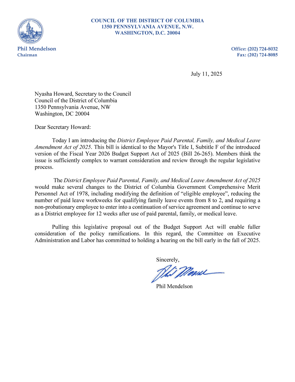 Council introduces District Employee Paid Parental Family Leave Amendment Act of 2025