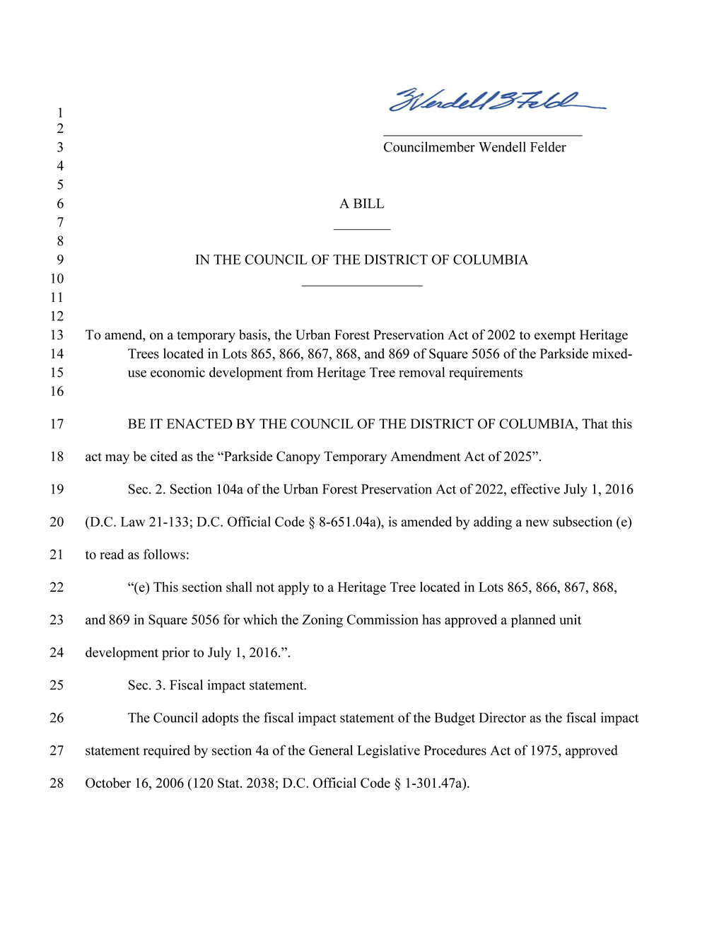 D.C. Council approves Parkside Canopy Temporary Amendment Act to exempt Heritage Trees
