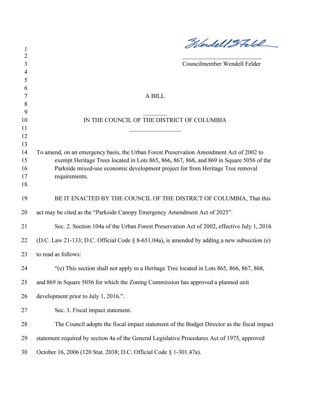 D.C. Council approves emergency amendment to exempt Heritage Trees in Parkside project