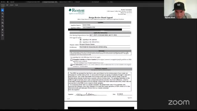 Newport Shores appeal over paint sheen granted for de novo review; applicant absent, matter deferred