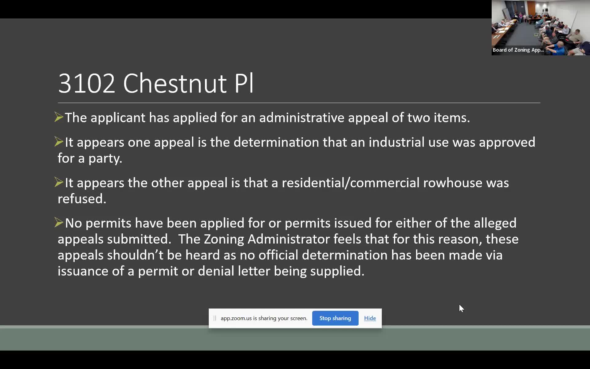 Board tables administrative appeal over permitted uses at 3102 Chestnut Place after neighbors raise utility station concerns