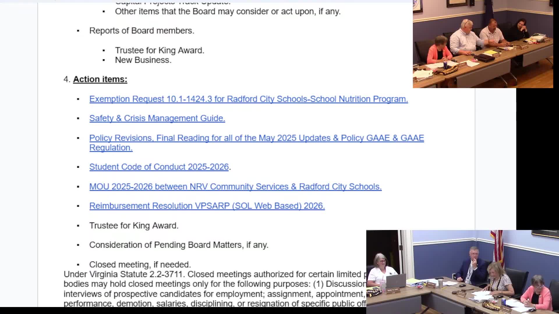 Radford School Board approves policies, personnel actions, NRVCS MOU and short-term Styrofoam exemption