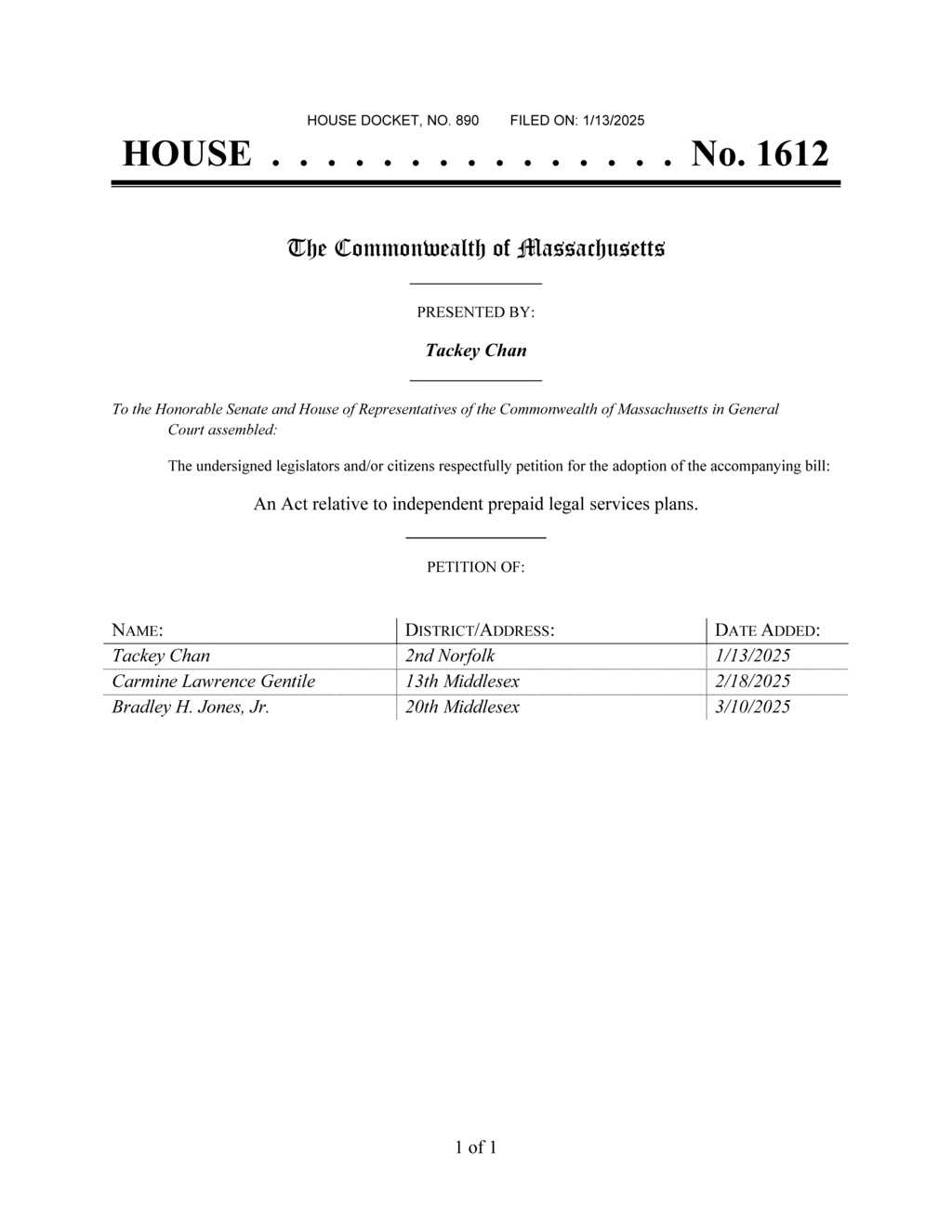 Massachusetts lawmakers propose independent prepaid legal services plan in House Bill 1612