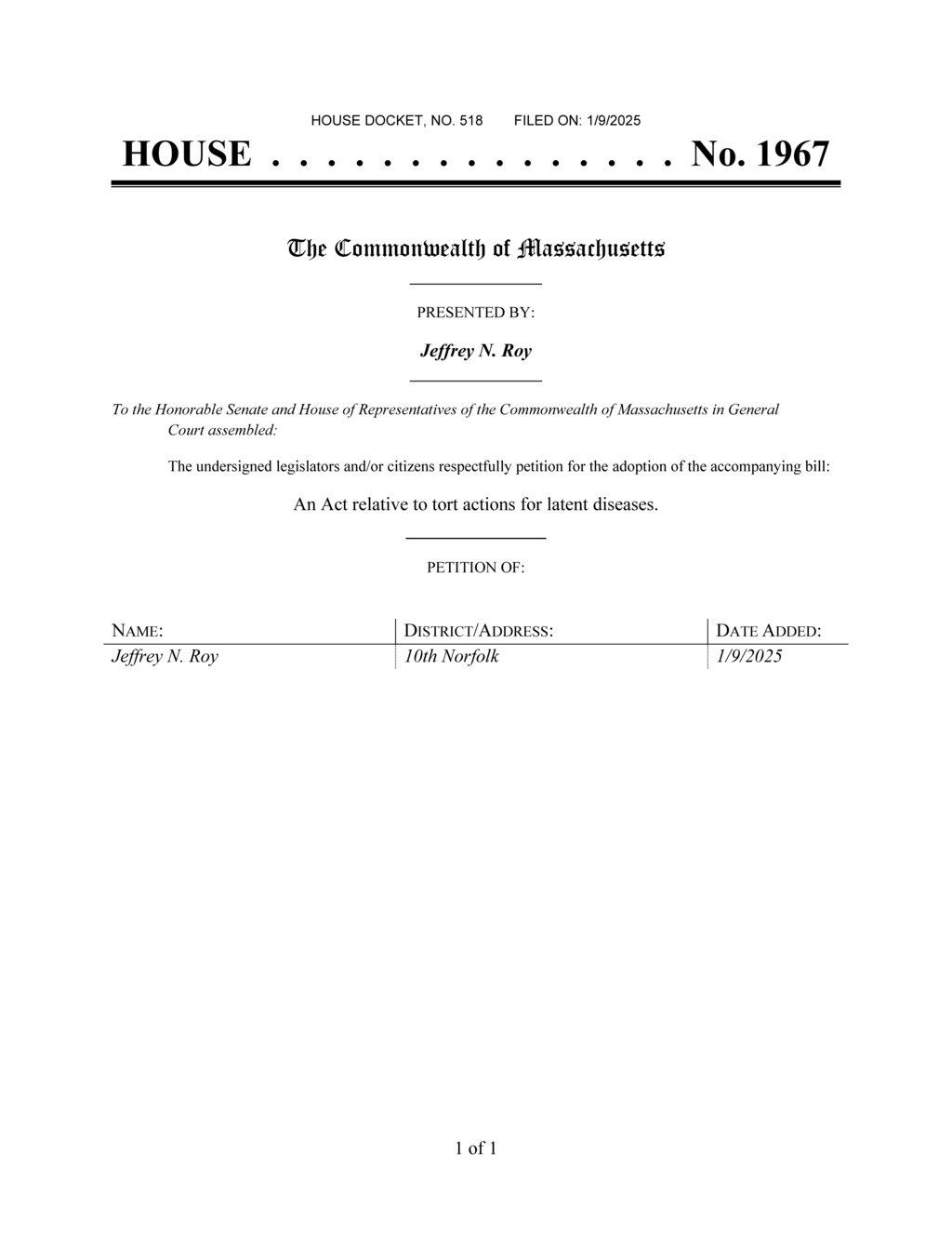 Massachusetts legislators propose tort reform for latent disease claims in House Bill 1967