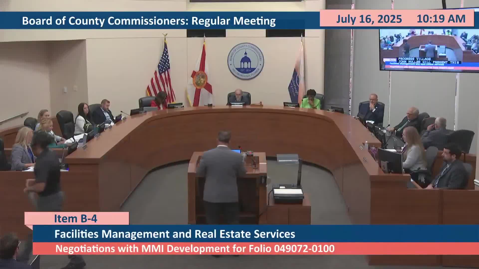 Commissioners authorize negotiations with developer MMI for 13.15‑acre easement in Progress Village, drawing mixed public reaction