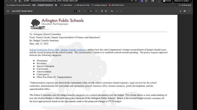 School Finance Committee addresses FY 25 budget challenges and transfers in Arlington
