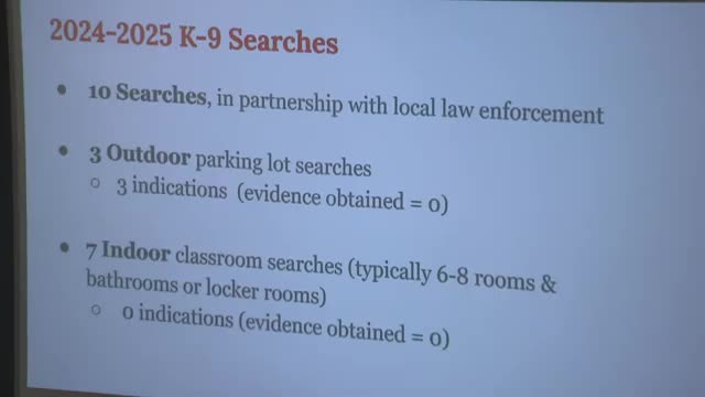 Board hears midyear drug‑free schools update: 10 positives in random testing, 0 evidence in K‑9 searches