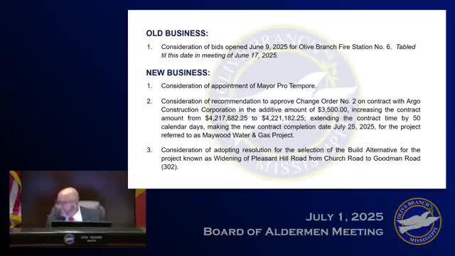 Board approves $3,500 change order to remove tree on Maywood Water and Gas project; extends contract 50 days