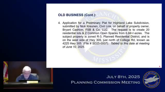 Commission approves Highland Lake preliminary plat for 20 homes; staff notes private agreement dispute