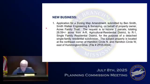 Planning commission recommends rezoning, approves preliminary plat for 71‑home Acree Farms subdivision