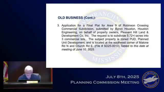 Planning commission approves two‑lot final plat for Robinson Crossing Area 9; staff warns of gas‑pump vesting deadlines