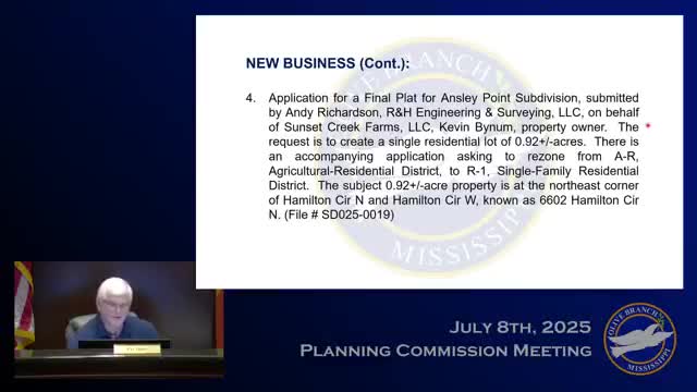 Commission approves Ansley Point final plat to create one 0.92‑acre lot on Hamilton Circle