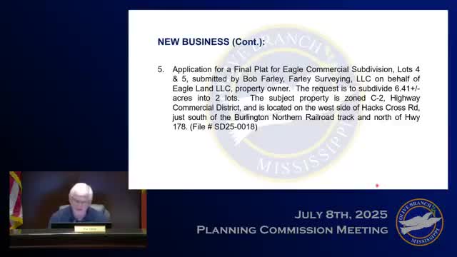 Commission approves final plat dividing 6.41 acres on Hacks Cross into two commercial lots