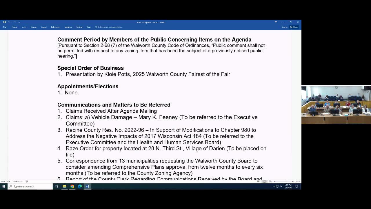 Walworth County Board adopts ordinance clarifying meat‑packing, allows small slaughtering in A‑1 zoning