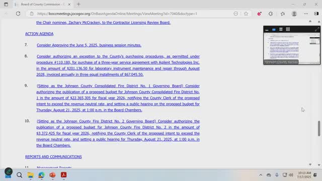 Johnson County approves 3‑year Agilent service agreement for crime‑lab instruments