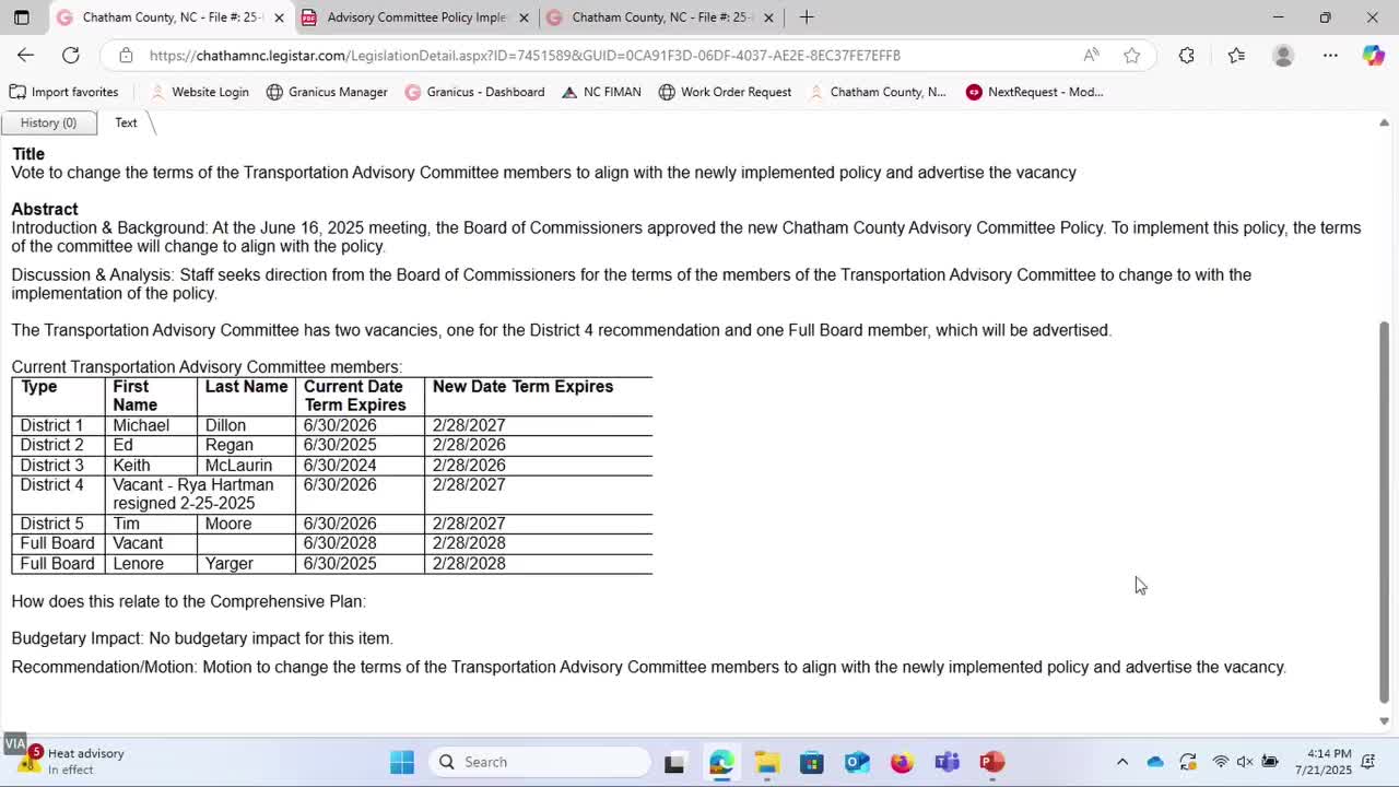Transportation Advisory Committee approves term changes amid board member resignations
