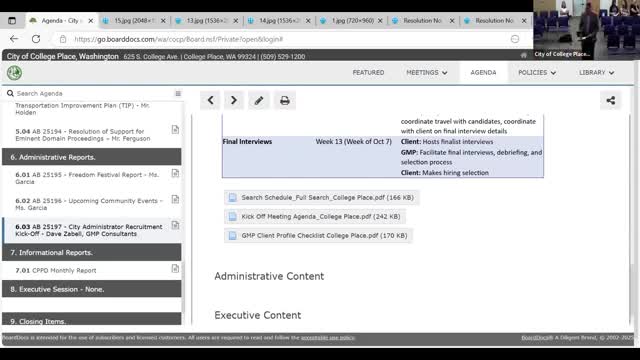 Council engages GMP for City Administrator recruitment; 13-week timeline proposed