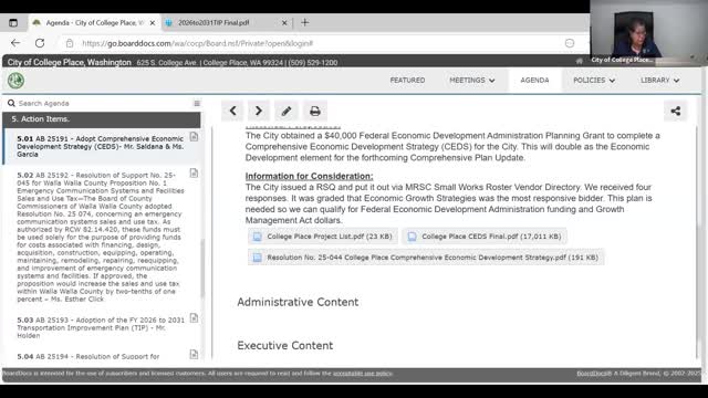 College Place adopts Comprehensive Economic Development Strategy for EDA submission