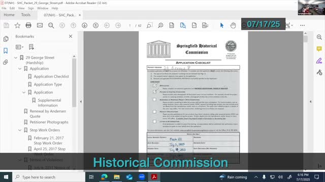 Commission grants conditional hardship approval for existing vinyl windows at 29 George Street, cites fire and cost concerns