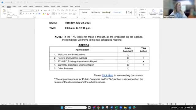 SBCC IRC tag tables existing-amendments and significant-changes reports, schedules follow-up meetings