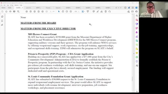 SLATE pursues grants to expand veteran and reentry services; receives $250,000 MO Heroes award and applies for CDA and foundation funds
