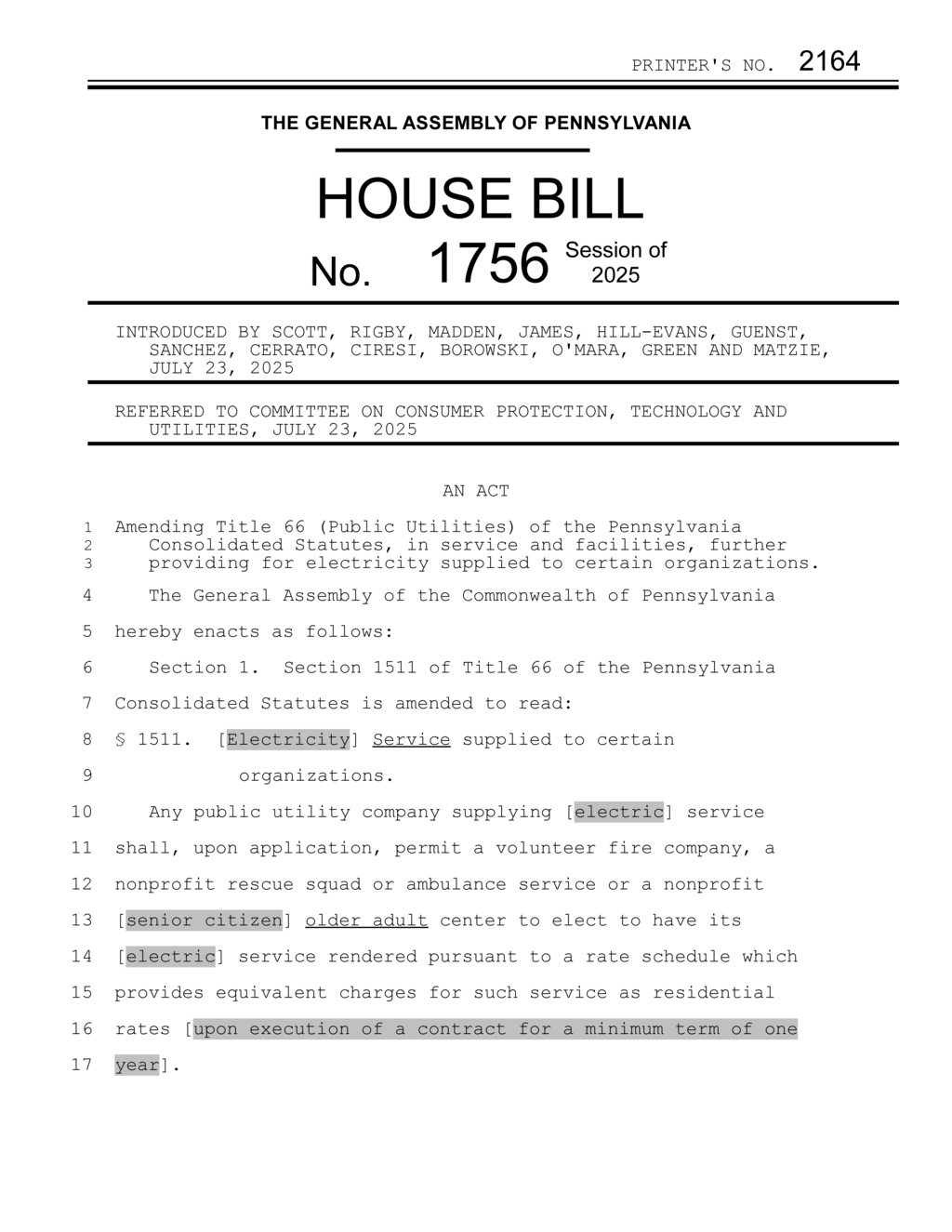 Pennsylvania House Bill 1756 amends electricity service rates for nonprofits and volunteer organizations