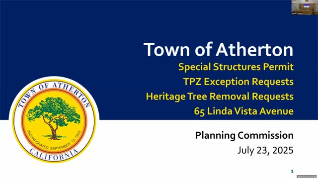 Planning commission backs special‑structure permit, tree exceptions and two heritage removals for large new home at 65 Linda Vista Ave.
