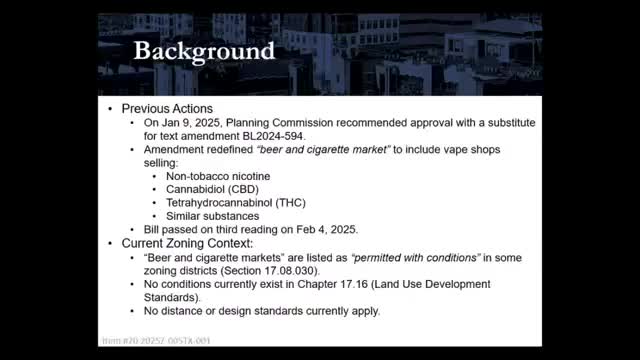 Commission opens public hearing on beer-and-cigarette market text amendment, preserves spacing rule but votes to defer formal action one meeting