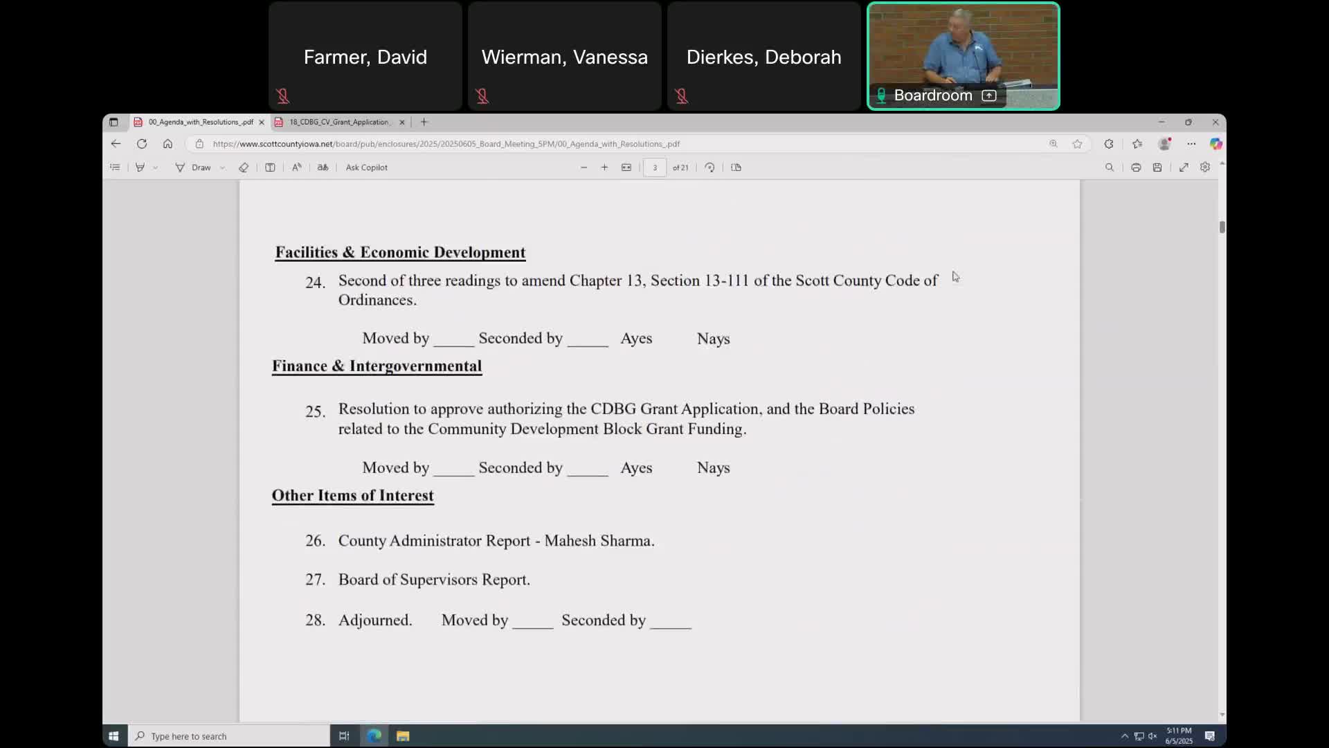 Supervisors advance amendment to Scott County Code, Chapter 13 to second reading
