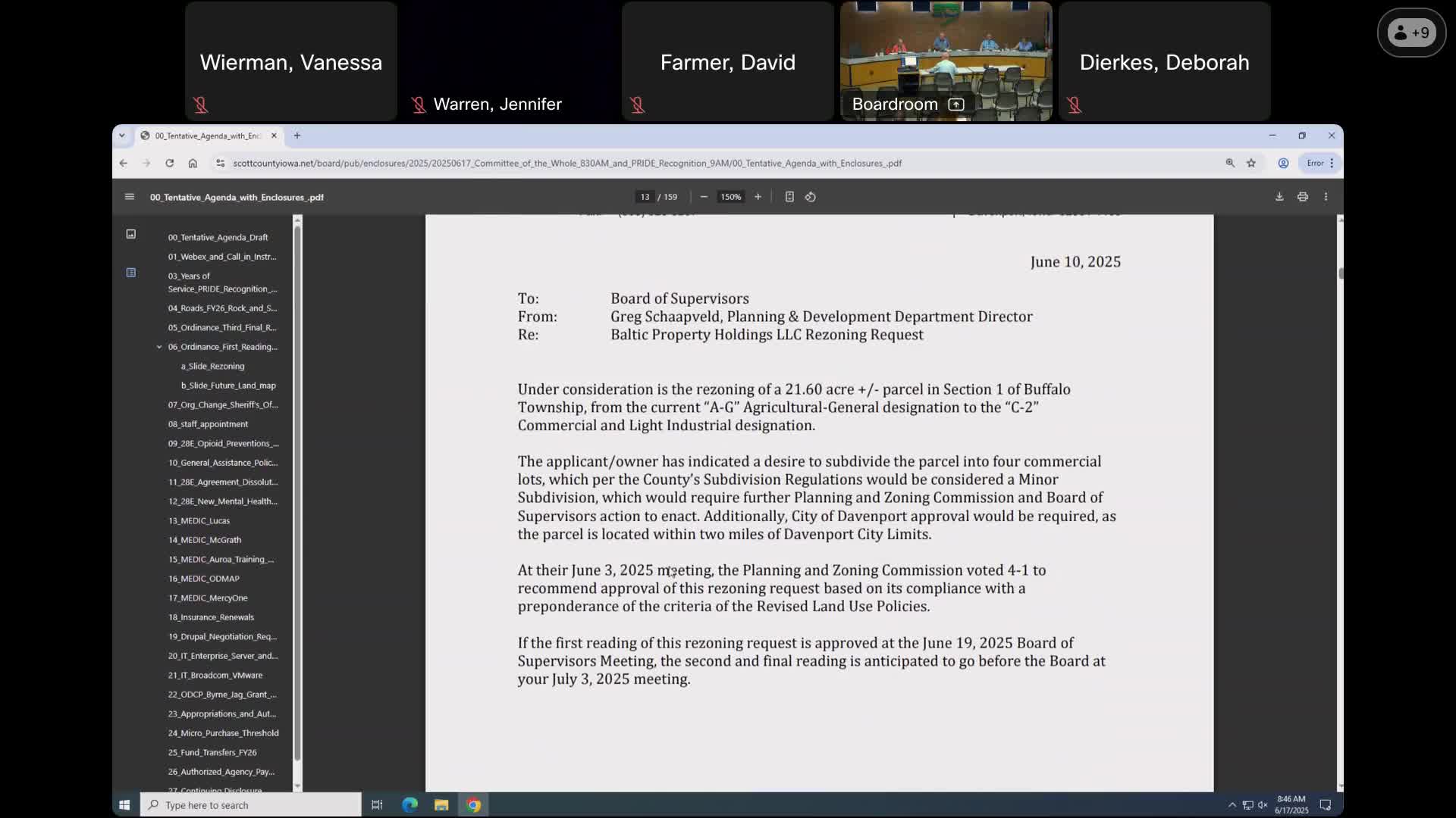Planning staff recommends rezoning 21.6 acres near I-280 to C-2 commercial; commission recommended approval 4–1