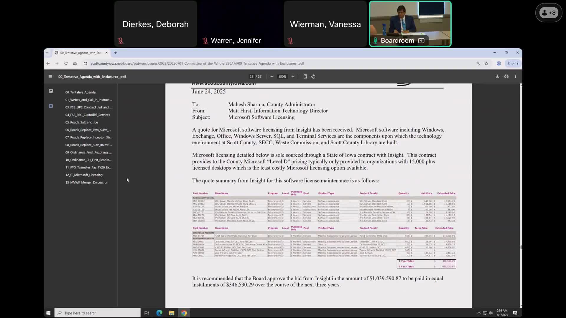 Scott County reviews $1.04 million three-year Microsoft licensing renewal; medic license adds to cost