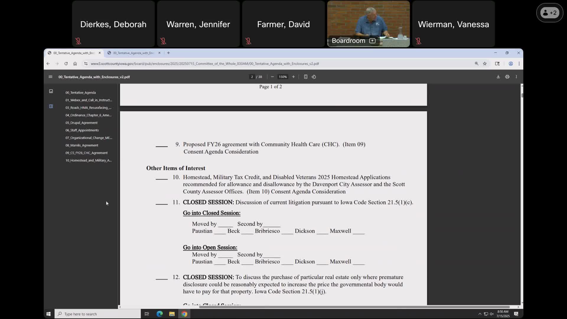 Board moves into closed session to discuss current litigation under Iowa Code §21.5(1)(c)
