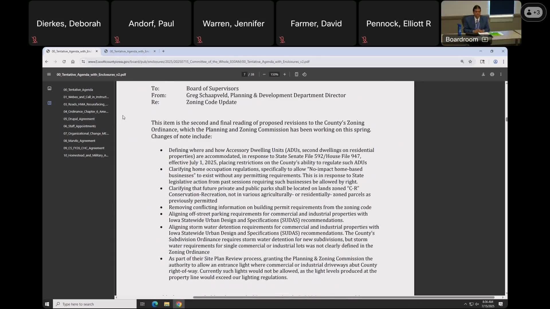 Scott County moves to align zoning code with state accessory‑dwelling unit law; updates to stormwater, parking and lighting proposed