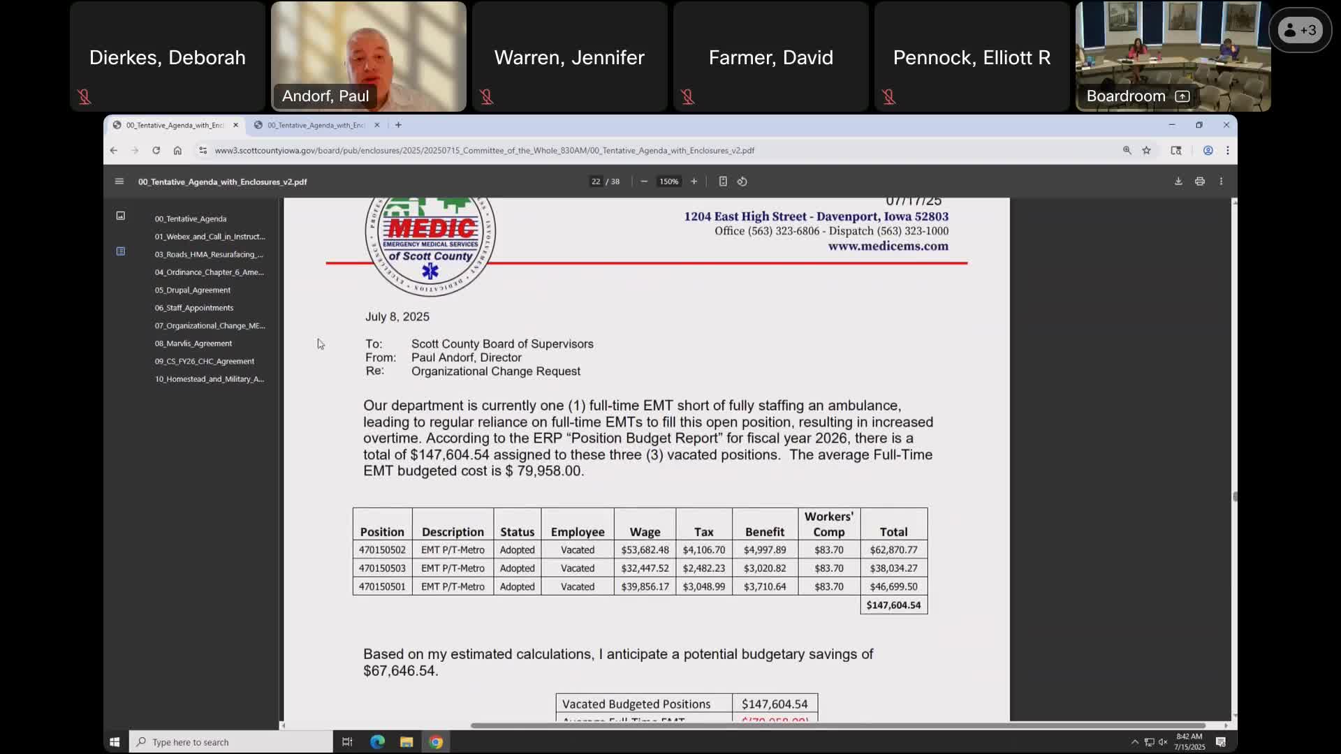 County proposes converting three vacated part‑time EMT posts into one full‑time EMT to staff ambulance