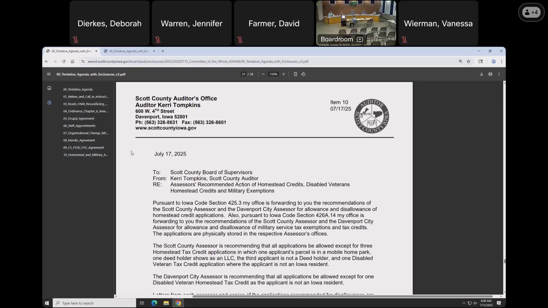 Assessors found four Homestead/Military tax credit applications ineligible; board to send required written notices