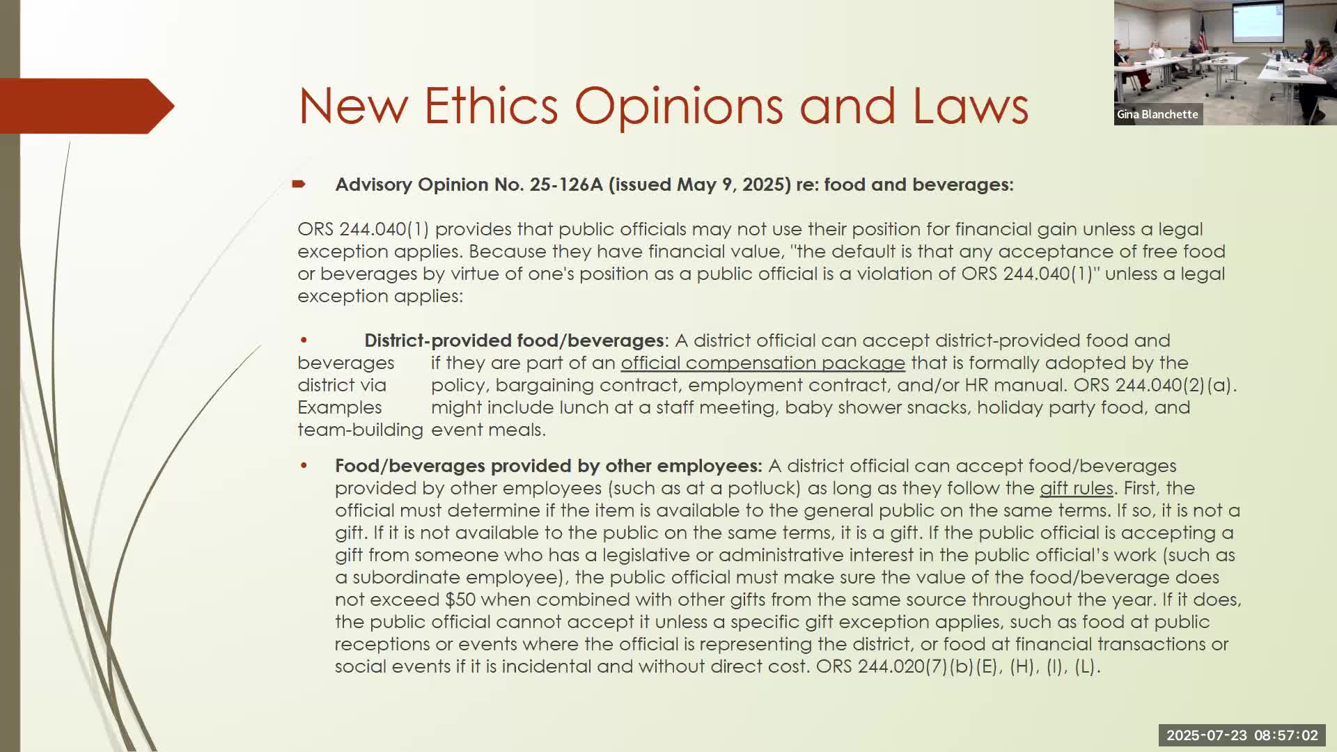 Attorney general's ethics opinion on food and gifts casts new limits on district-provided meals for board, committees