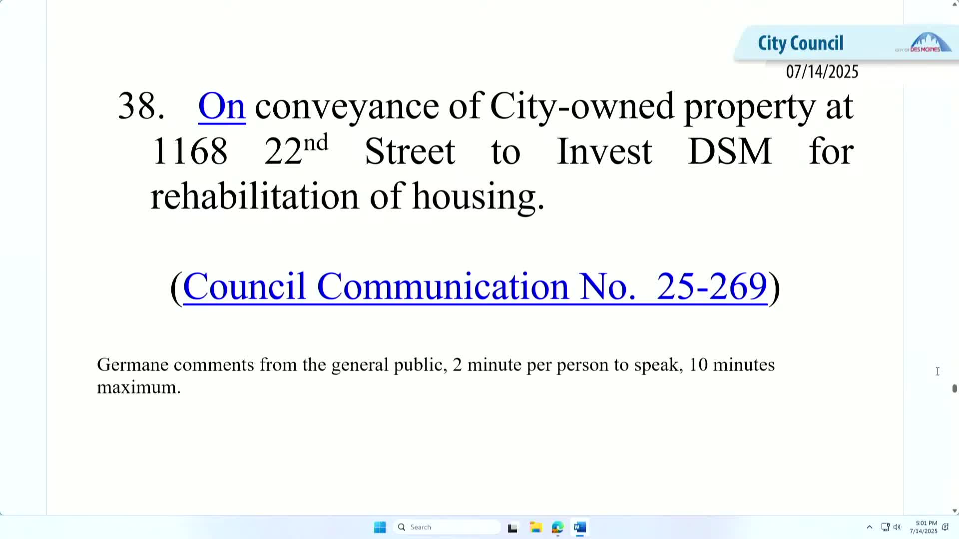 Council conveys two city-owned lots to housing developers; Habitat and Invest DSM projects advance