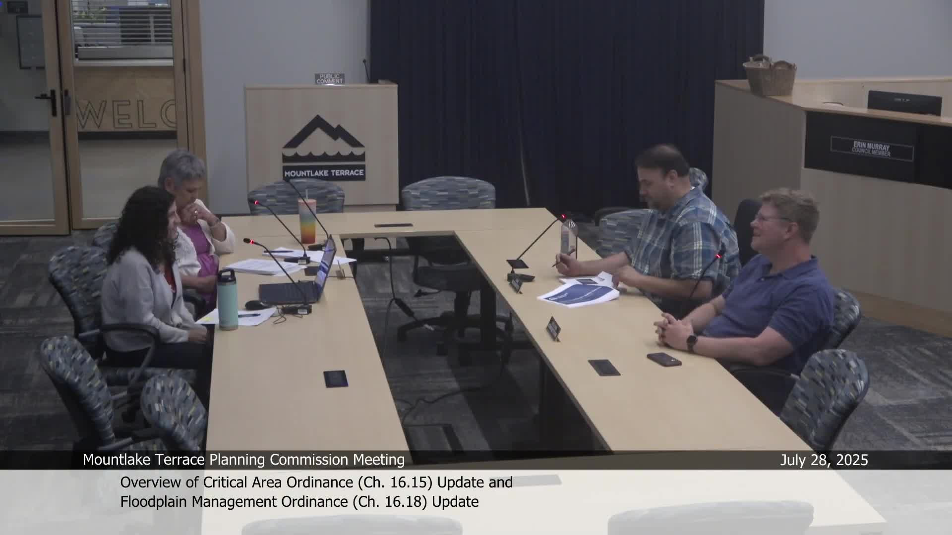 Planning commission briefed on critical areas and floodplain ordinance updates; commissioners flag Town Center impacts and mapping questions